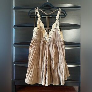 Free People flowy olive green dress with cream lace